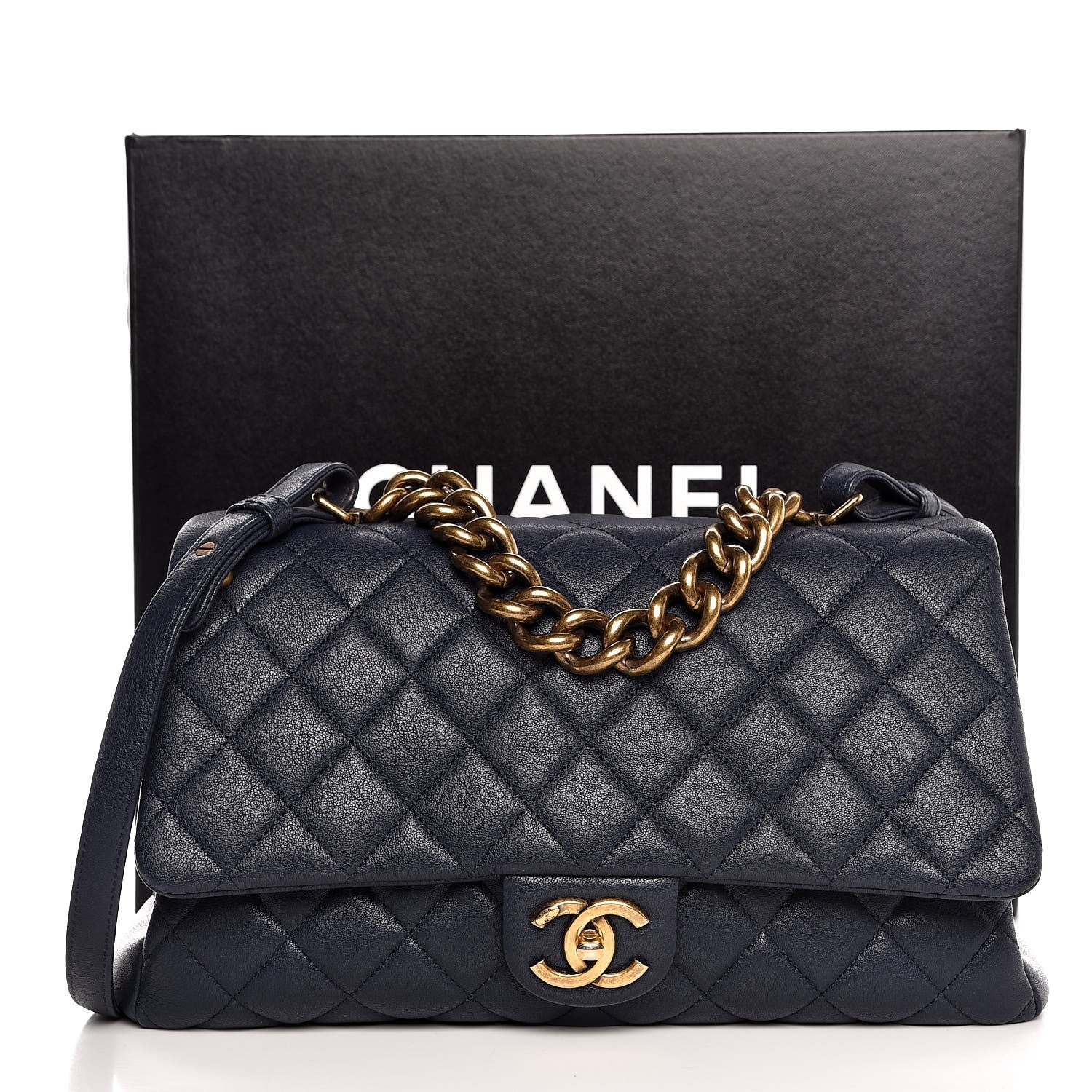 Chanel Shiny Sheepskin Quilted Large Trapezio Flap Navy 8 of 8