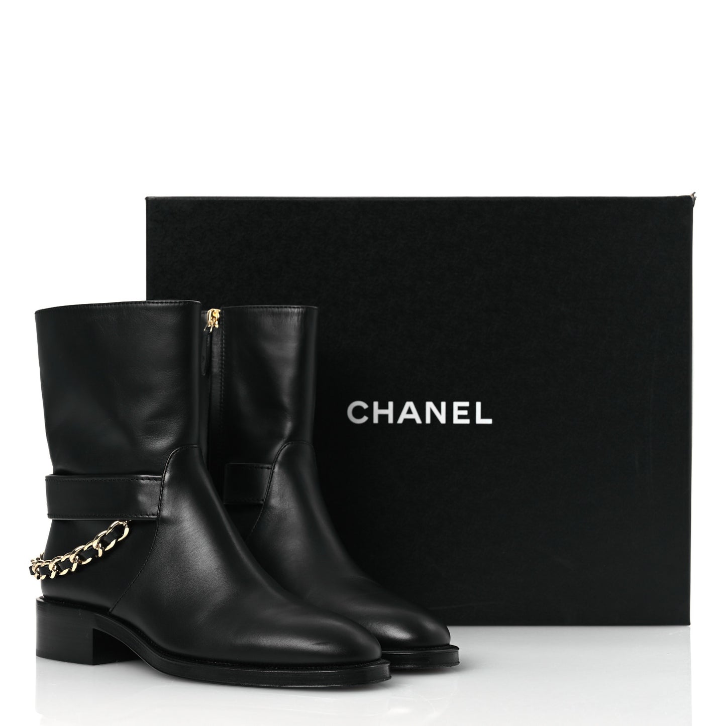 Calfskin Chain Short Boots 37.5 Black