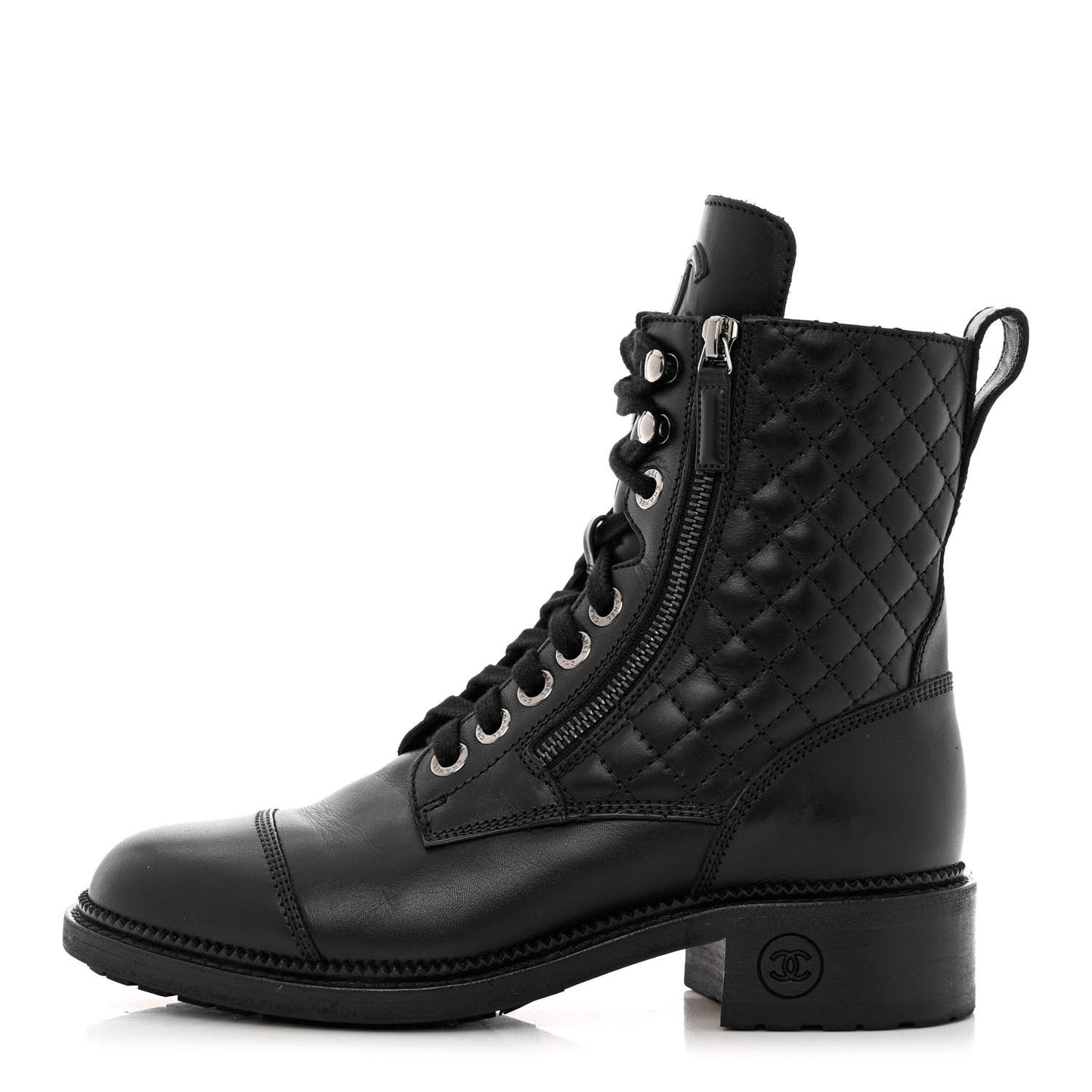 Calfskin Quilted Lace Up Combat Boots 38 Black