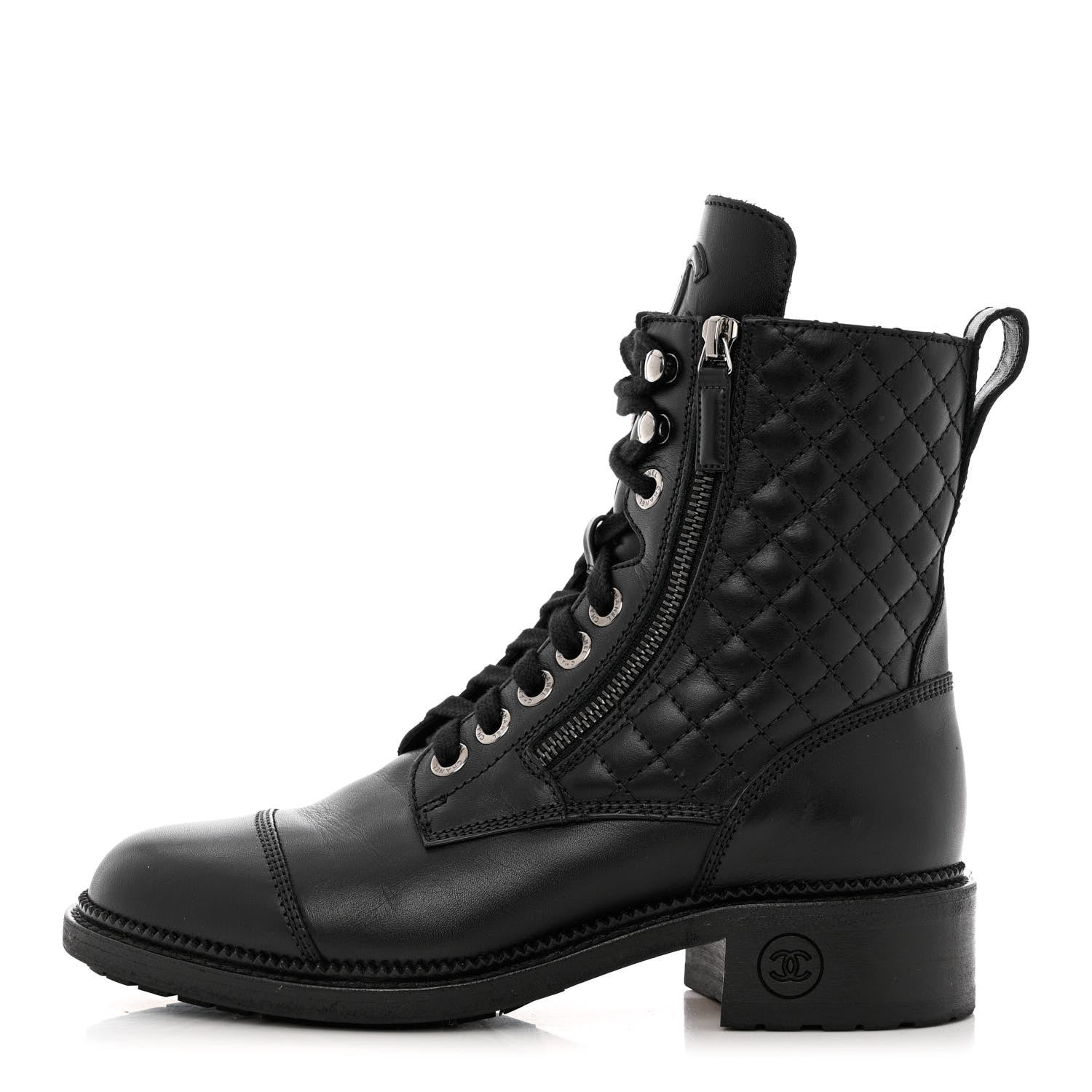 Chanel Calfskin Quilted Lace Up Combat Boots 38 Black 1 of 9