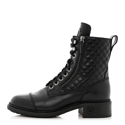 Chanel Calfskin Quilted Lace Up Combat Boots 38 Black 1 of 9