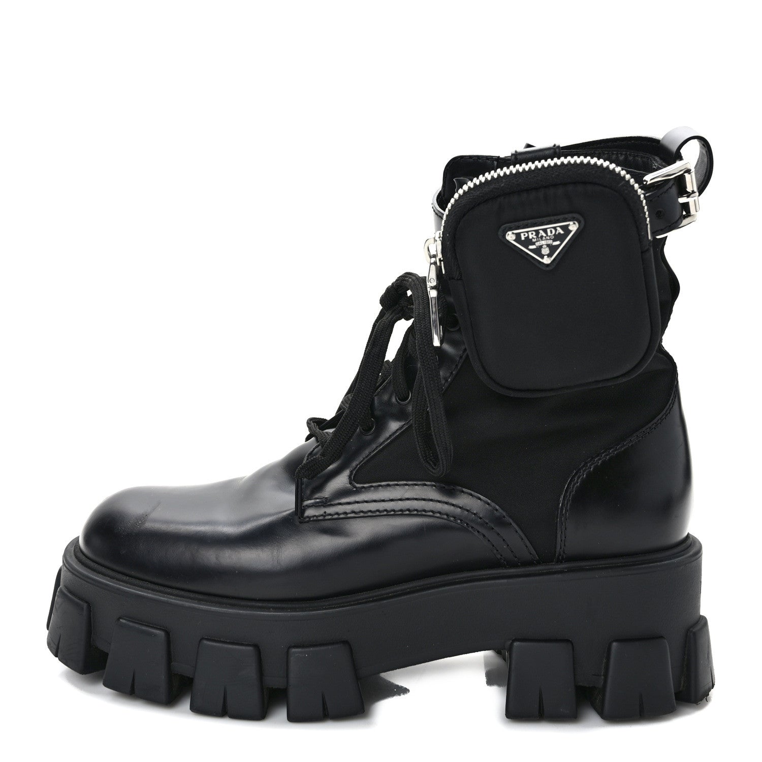 Prada Spazzolato Rois Nylon Metal Triangle Logo Monolith Pouch Pocket 55mm Boots 38.5 Black 1 of 11
