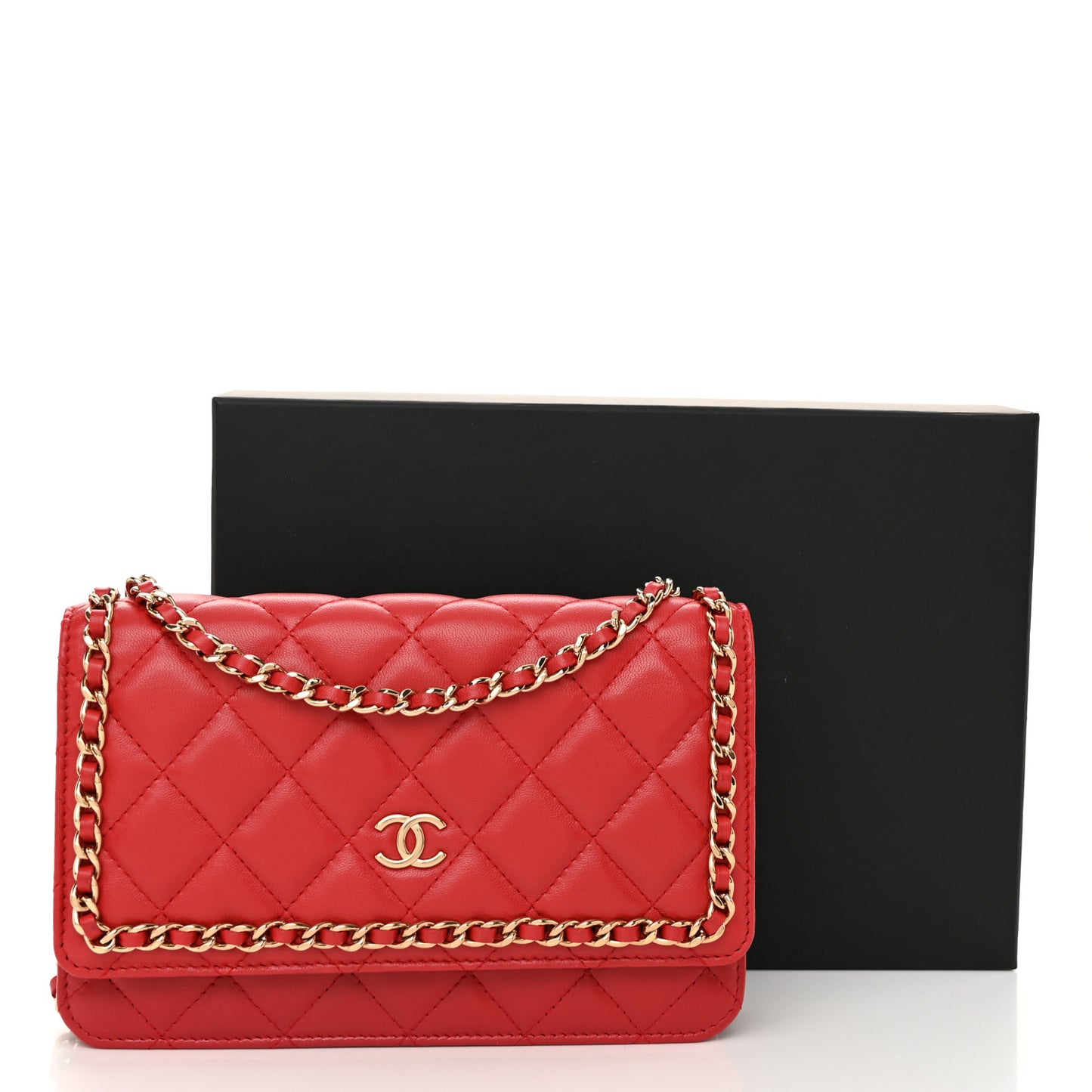 Lambskin Quilted Chain Around Wallet On Chain WOC Red