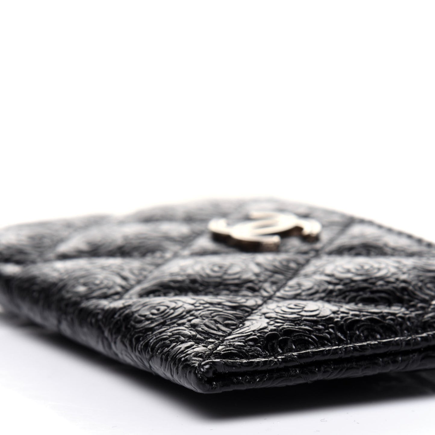 Calfskin Camellia Embossed Quilted Card Holder Black