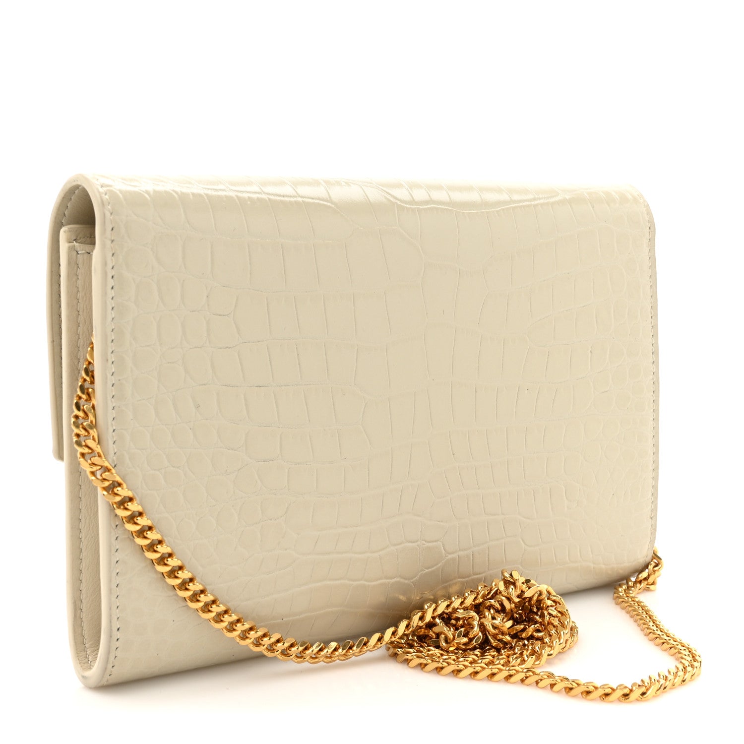 Saint Laurent Calfskin Crocodile Embossed Monogram Uptown Chain Wallet Crema Soft 4 of 15