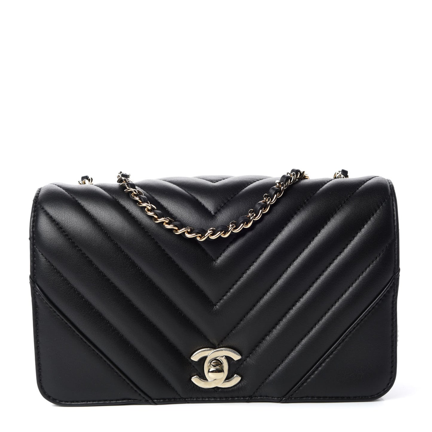 Calfskin Chevron Quilted Mini Statement Flap Black