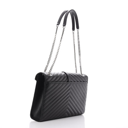 Saint Laurent Grain De Poudre Matelasse Chevron Large Monogram Satchel Black 3 of 7