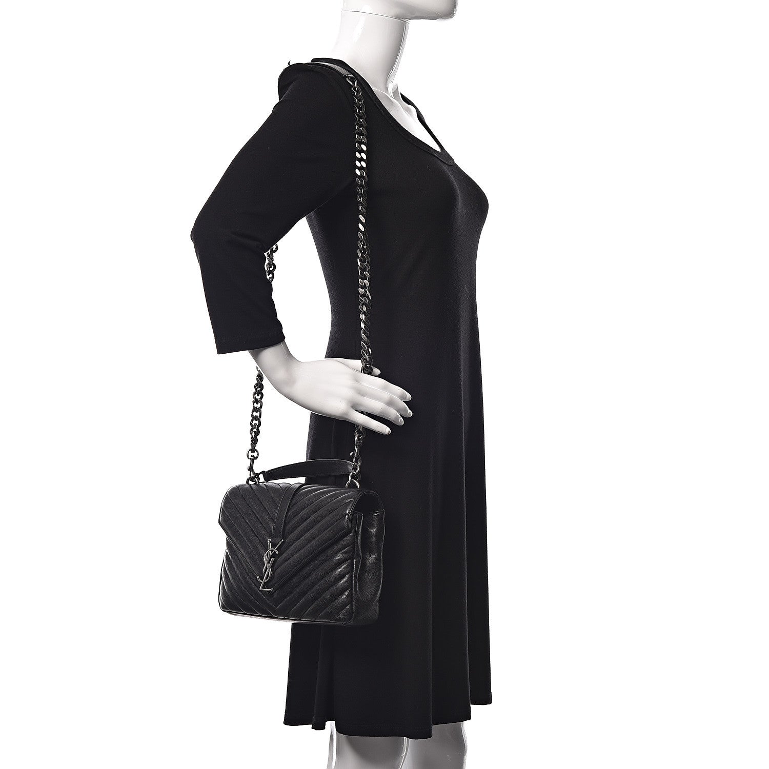Saint Laurent Sheepskin Matelasse Chevron Monogram Medium College Bag Black 2 of 10