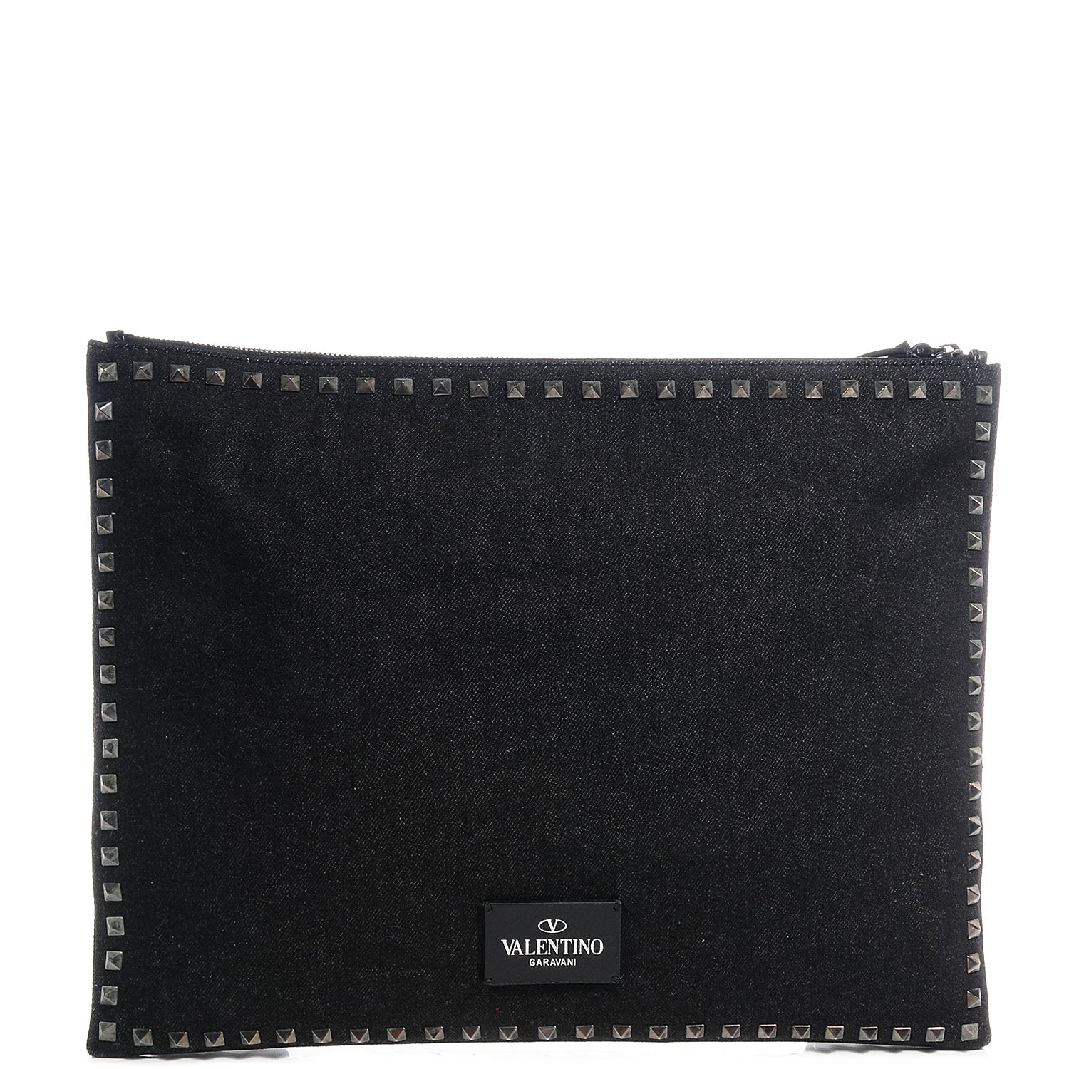 Valentino Garavani Denim Oversized Rockstud Zip Wristlet Pouch Black Jet 1 of 9