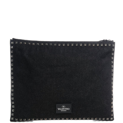 Valentino Garavani Denim Oversized Rockstud Zip Wristlet Pouch Black Jet 1 of 9