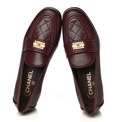 Chanel Lambskin Quilted Womens CC Loafers 38.5 Burgundy 6 of 12