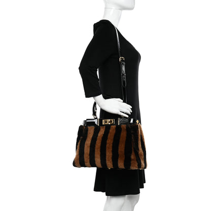 Fendi Shearling Vitello Vernice Mou Pequin Striped Medium Peekaboo Iconic Satchel Tobacco Black 2 of 11