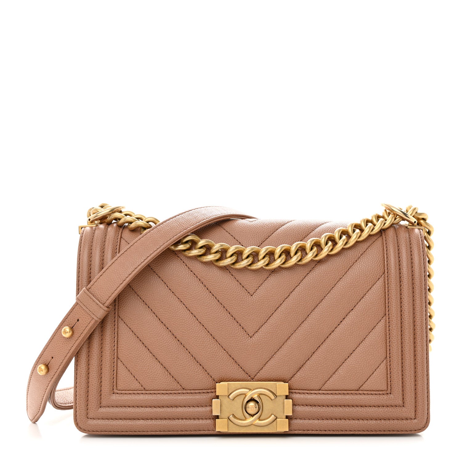 Chanel Caviar Chevron Quilted Medium Boy Flap Dark Beige 1 of 10