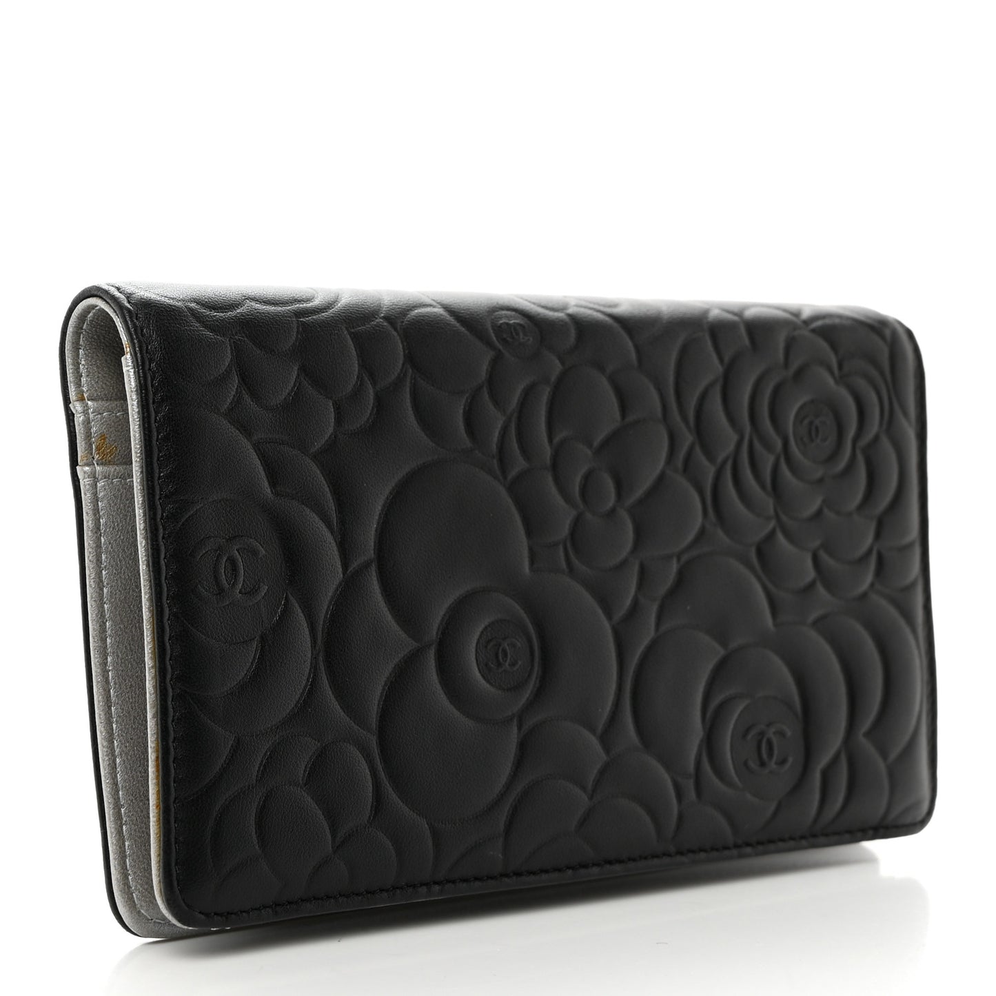 Lambskin Camellia Embossed Yen Wallet Black