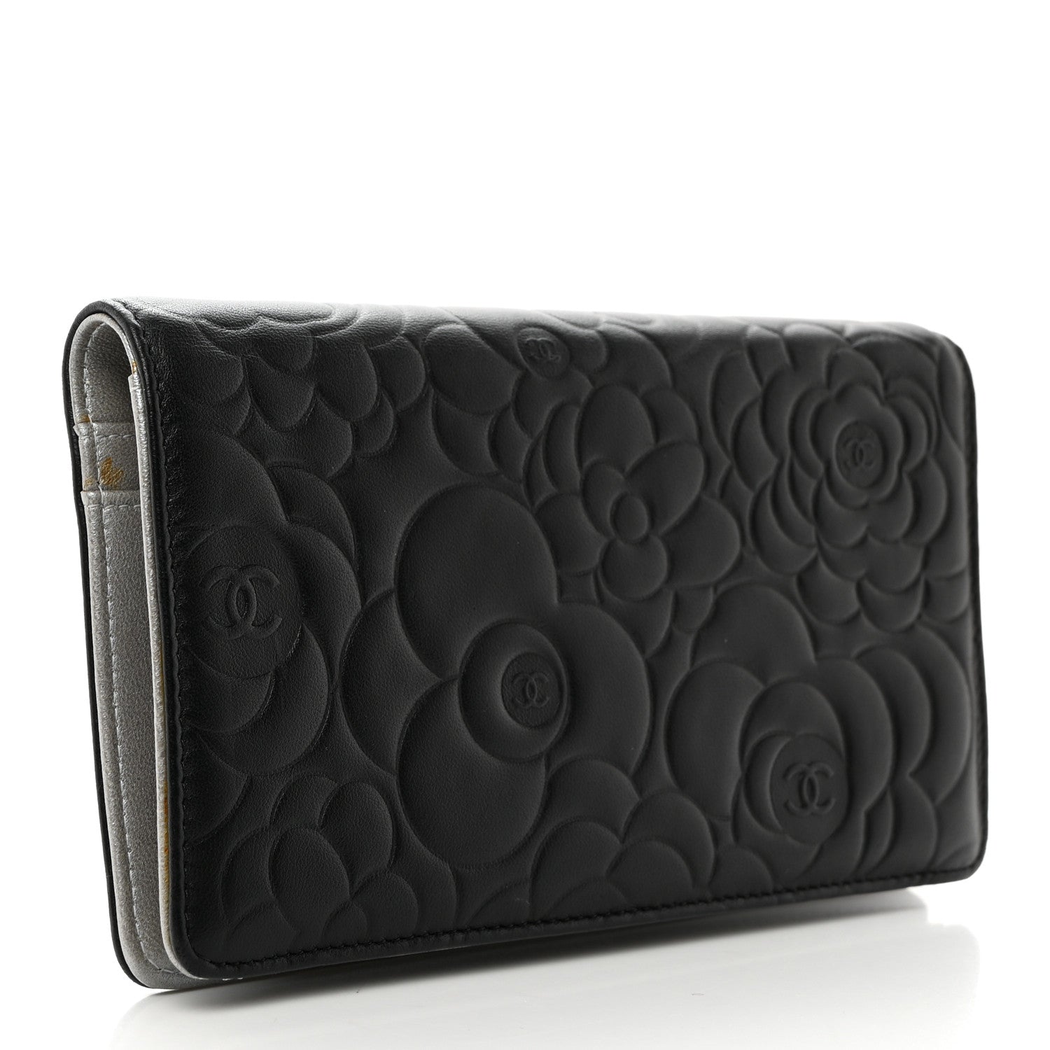Chanel Lambskin Camellia Embossed Yen Wallet Black 3 of 9