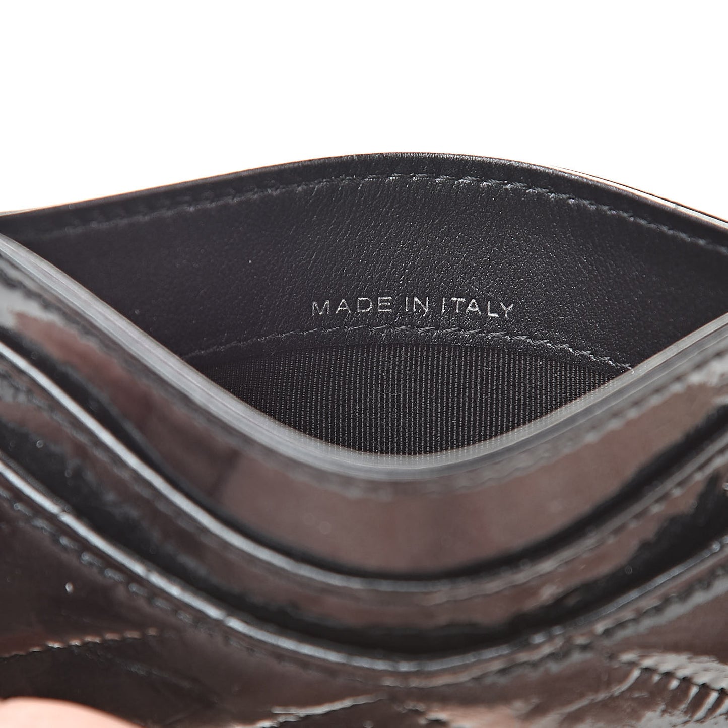 Patent Metallic Crumpled Calfskin Chevron Quilted Card Holder Black