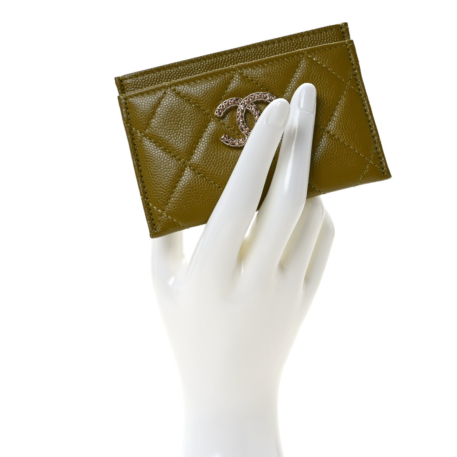 Chanel Caviar Quilted Crystal Card Holder Green 2 of 8