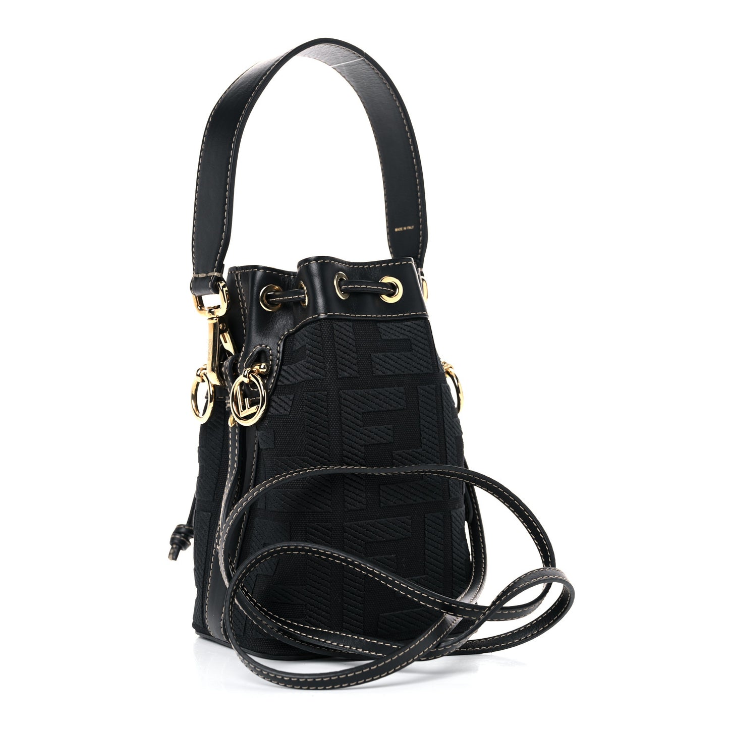 Canvas Vitello King F is Fendi FF Embroidered Mini Mon Tresor Bucket Bag Black