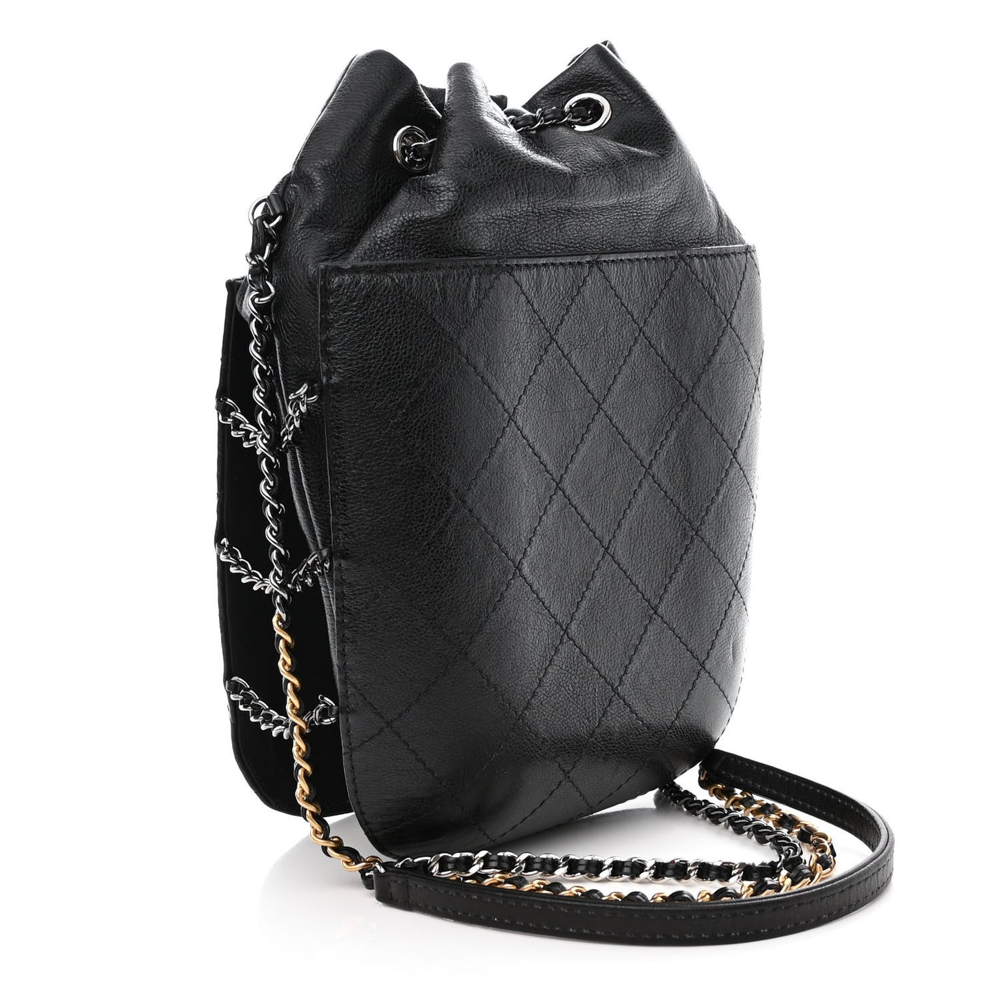 Aged Calfskin Quilted Gabrielle Bucket Black