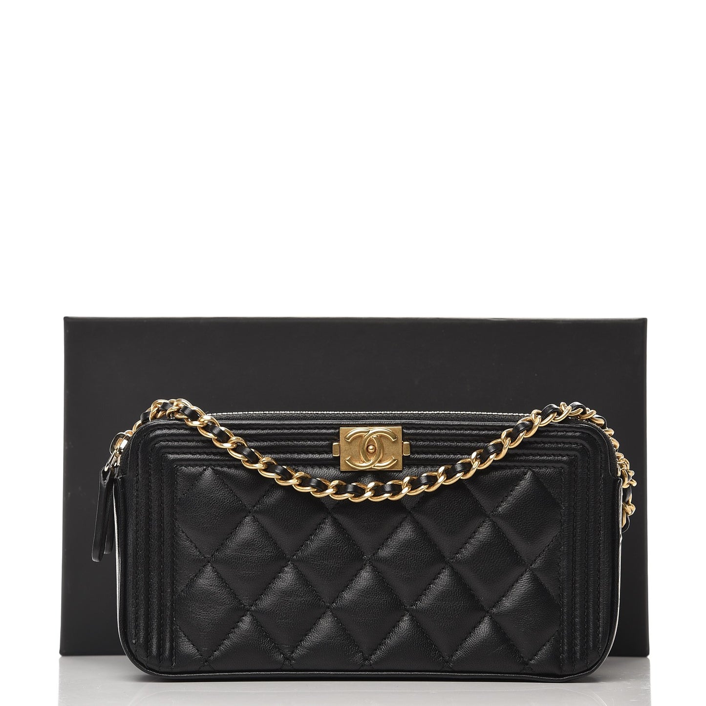 Lambskin Quilted Small Boy Clutch With Chain Black