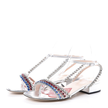 Gucci Nappa Silk Crystal Bertie T-Strap Low Heel Sandals 36.5 Argento 3 of 7