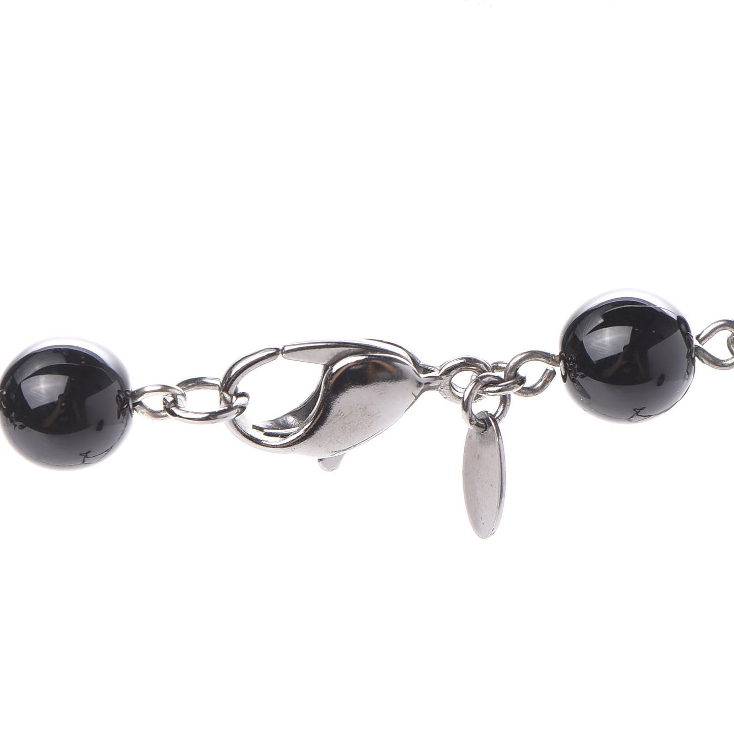 Pearl Bead Enamel CC Long Necklace Silver Black Grey