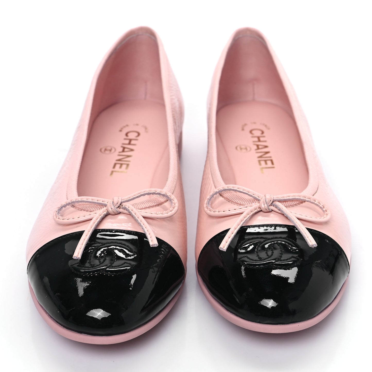 Shiny Crumpled Calfskin Patent CC Cap Toe Ballerina Flats 40 Light Pink Black