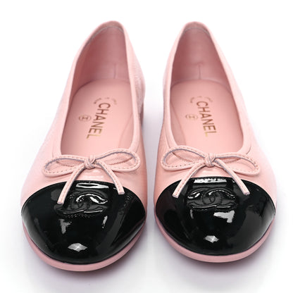 Chanel Shiny Crumpled Calfskin Patent CC Cap Toe Ballerina Flats 40 Light Pink Black 2 of 9