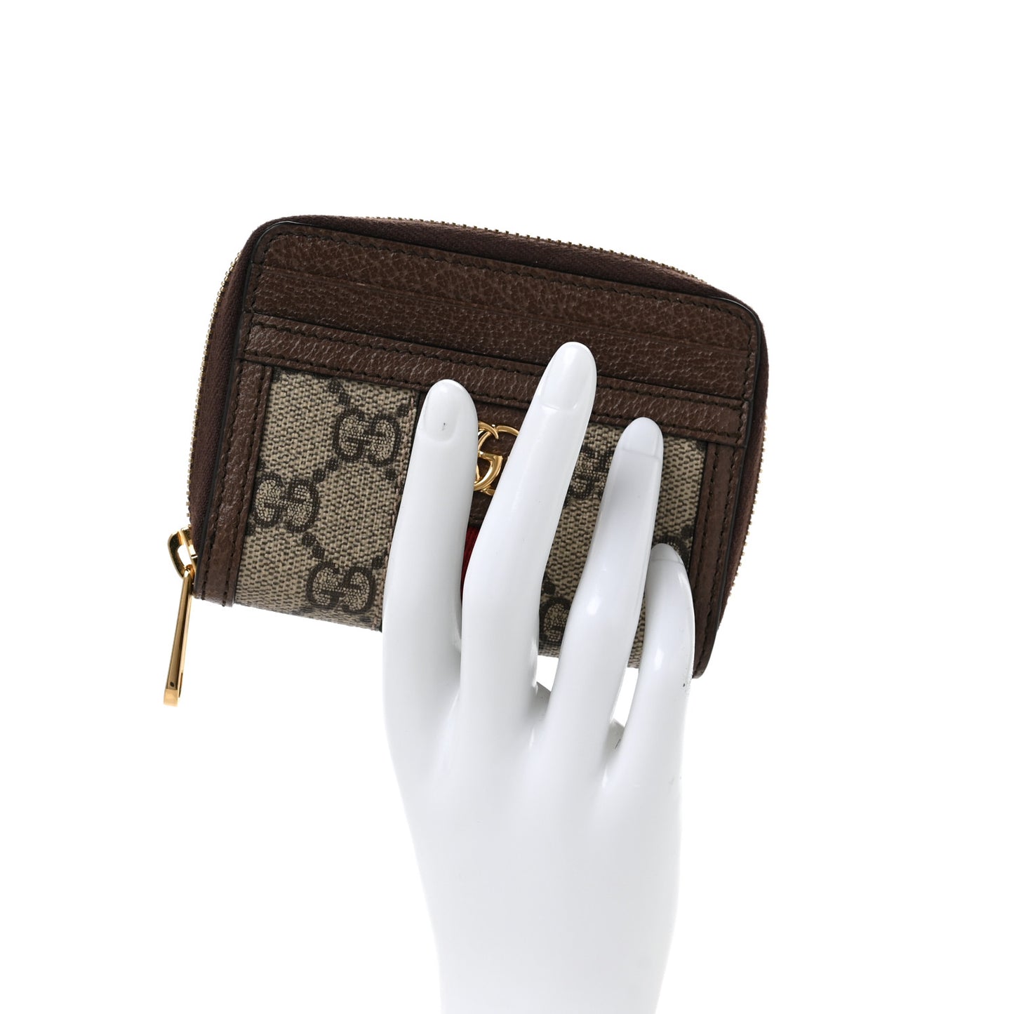 GG Supreme Monogram Textured Dollar Calfskin Web Ophidia Zip Around Card Case Wallet Beige Ebony New Acero
