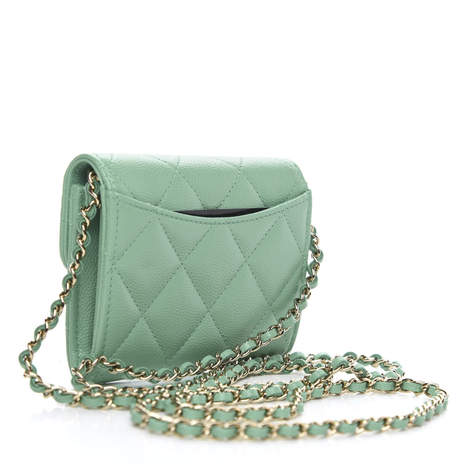 Chanel Caviar Quilted Flap Card Holder On Chain Light Green 3 of 10
