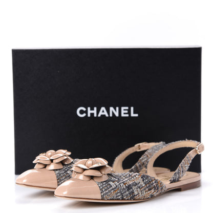 Chanel Tweed Patent Camellia Toe CC Slingback Pumps 39.5 Beige Gray 13 of 13