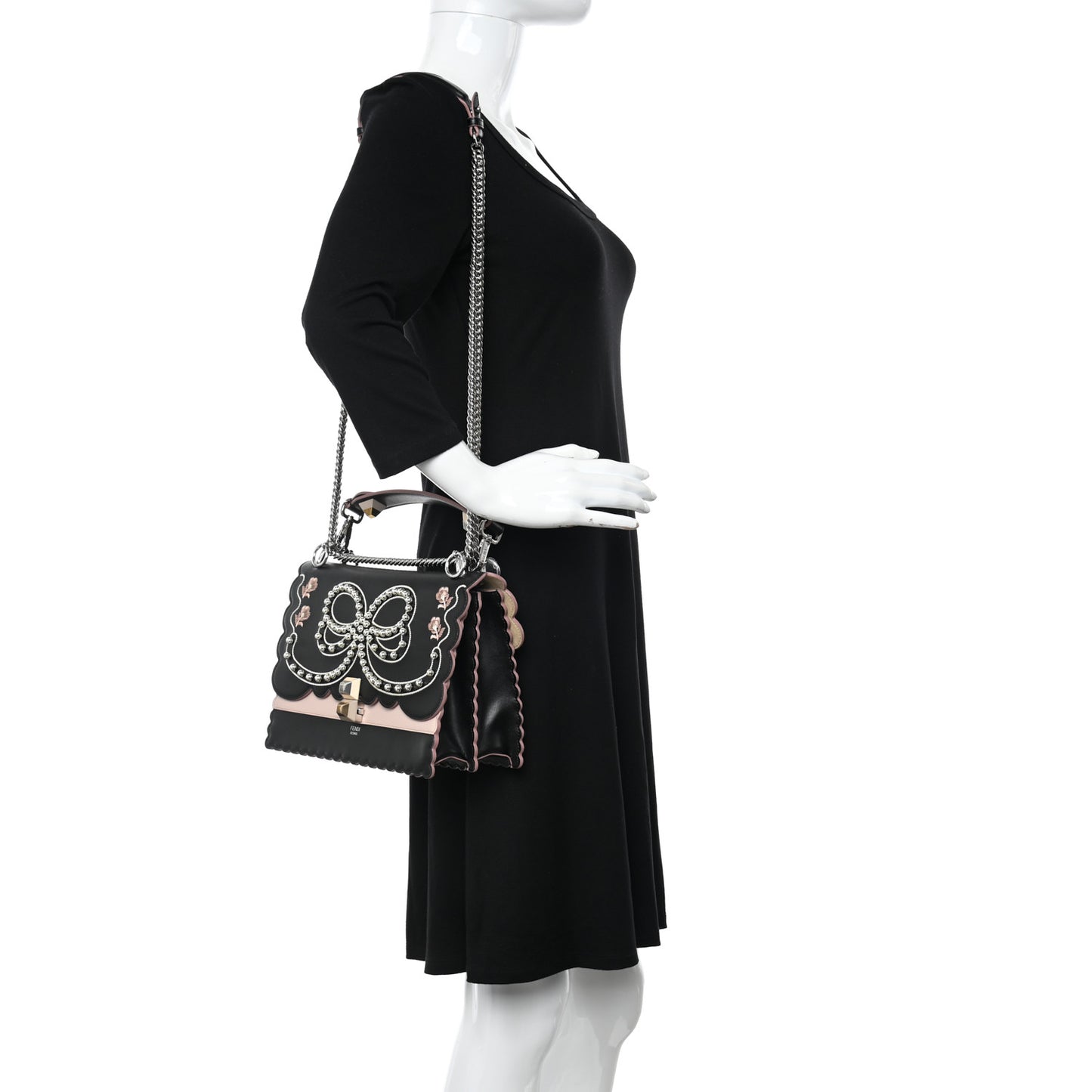 Vitello Liberty Pearl Bi-Color Flowers and Bow Scalloped Studded Kan I Shoulder Bag Black Soap