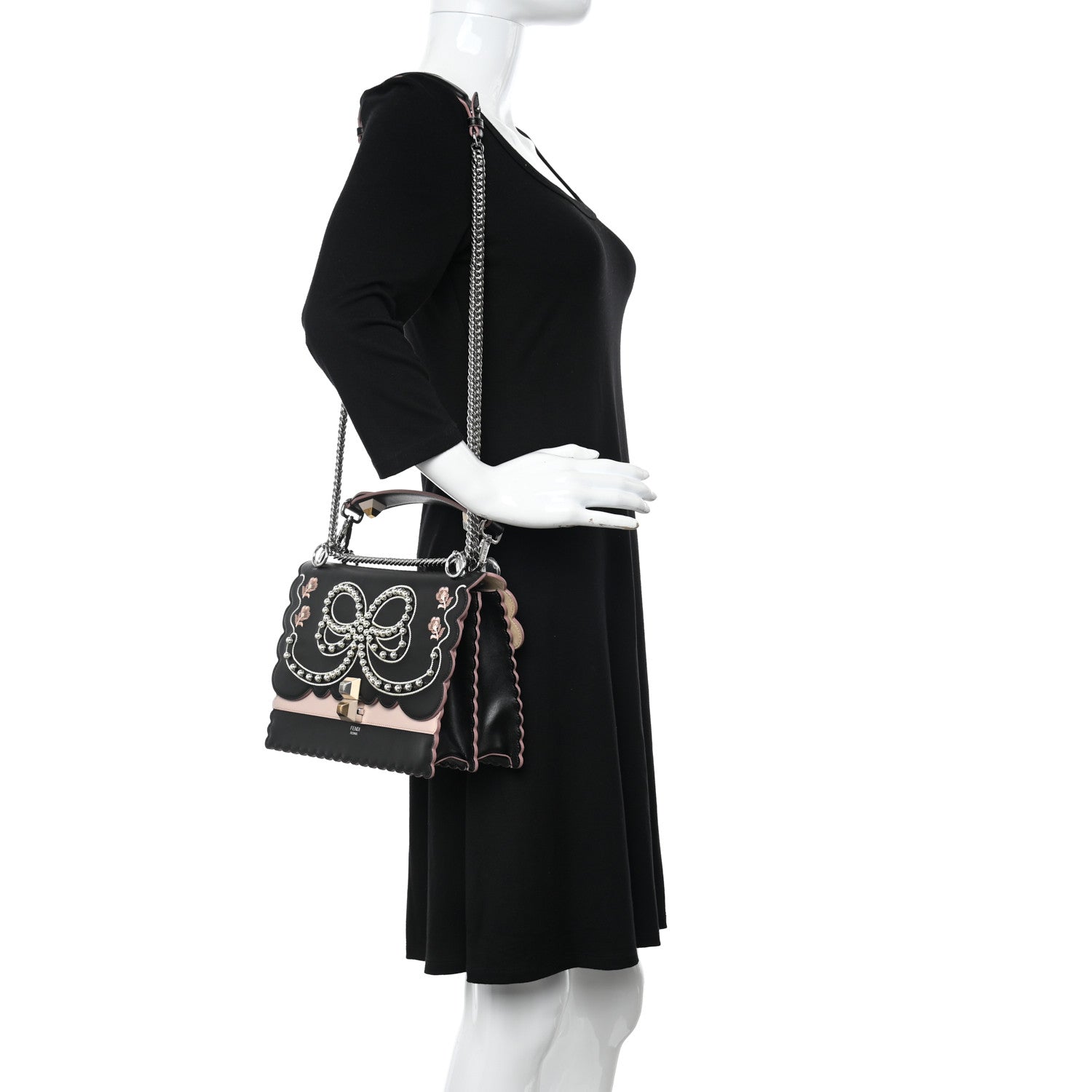 Fendi Vitello Liberty Pearl Bi-Color Flowers and Bow Scalloped Studded Kan I Shoulder Bag Black Soap 2 of 12