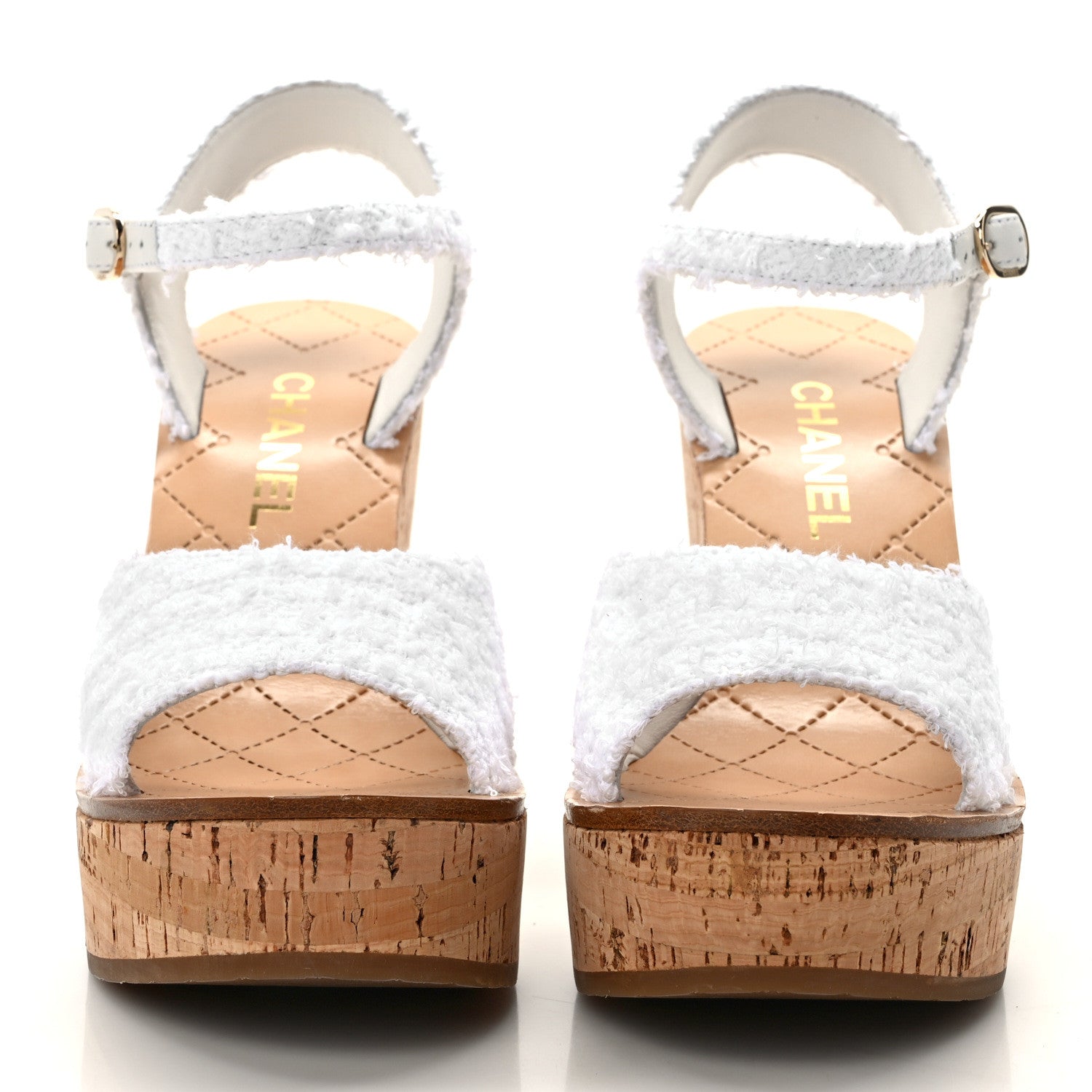 Chanel Tweed Cork CC Wedge Sandals 40 White 2 of 8