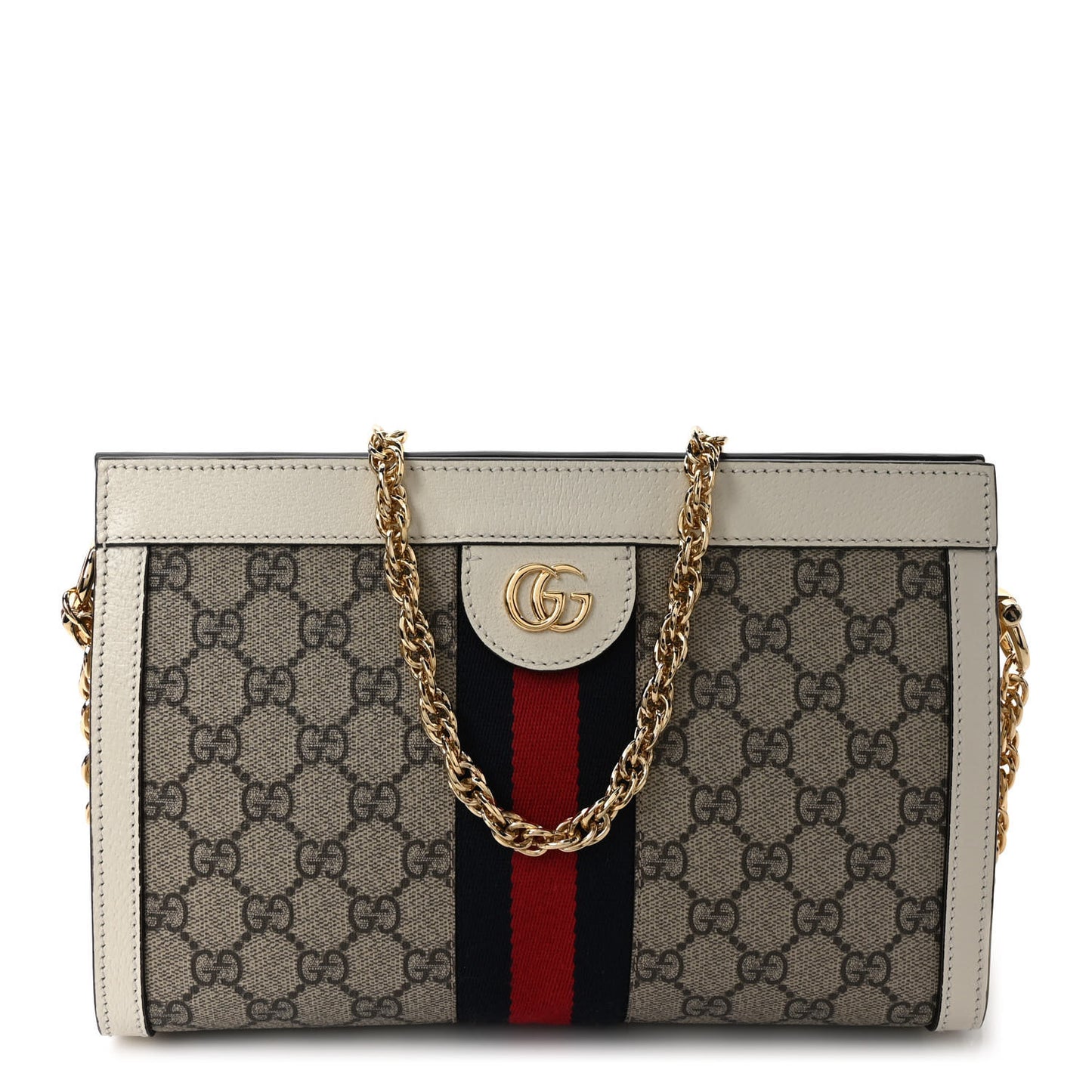 GG Supreme Monogram Textured Calfskin Web Small Ophidia Chain Shoulder Bag Beige Ebony Mystic White
