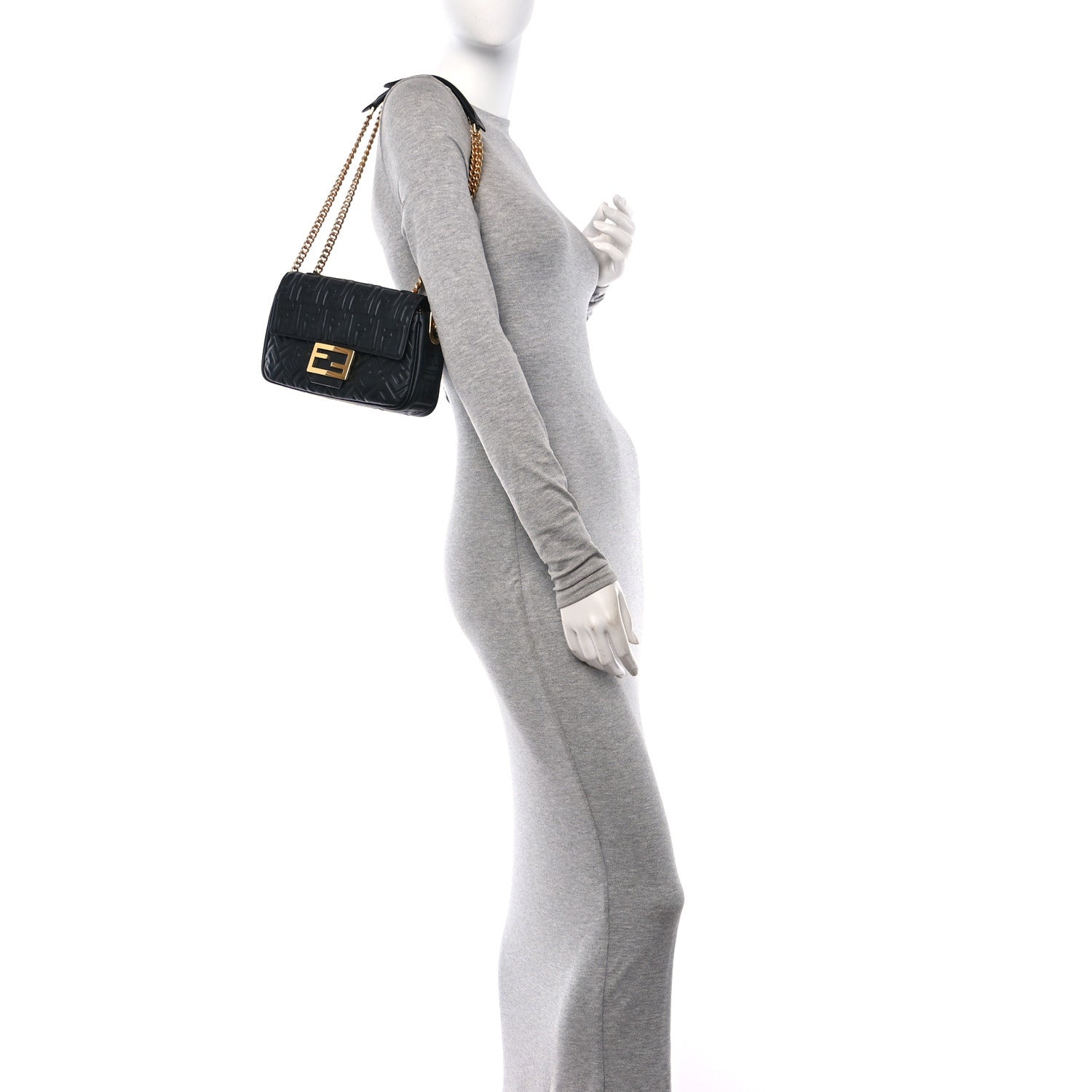 Fendi Nappa Small FF Embossed Mid Chain Baguette Black 3 of 9