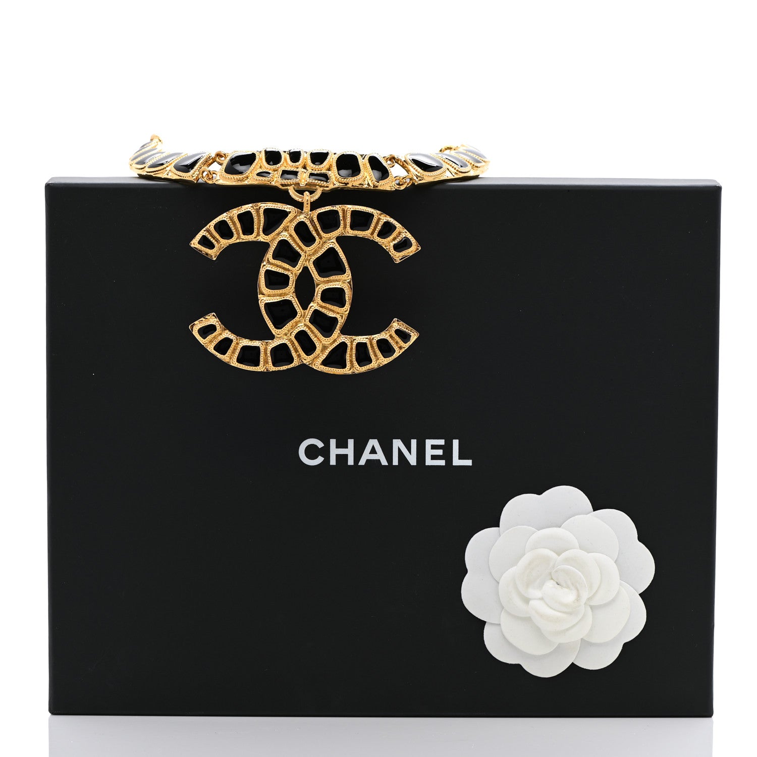 Chanel Resin Along The Nile Large CC Pendant Necklace Gold Black 7 of 7