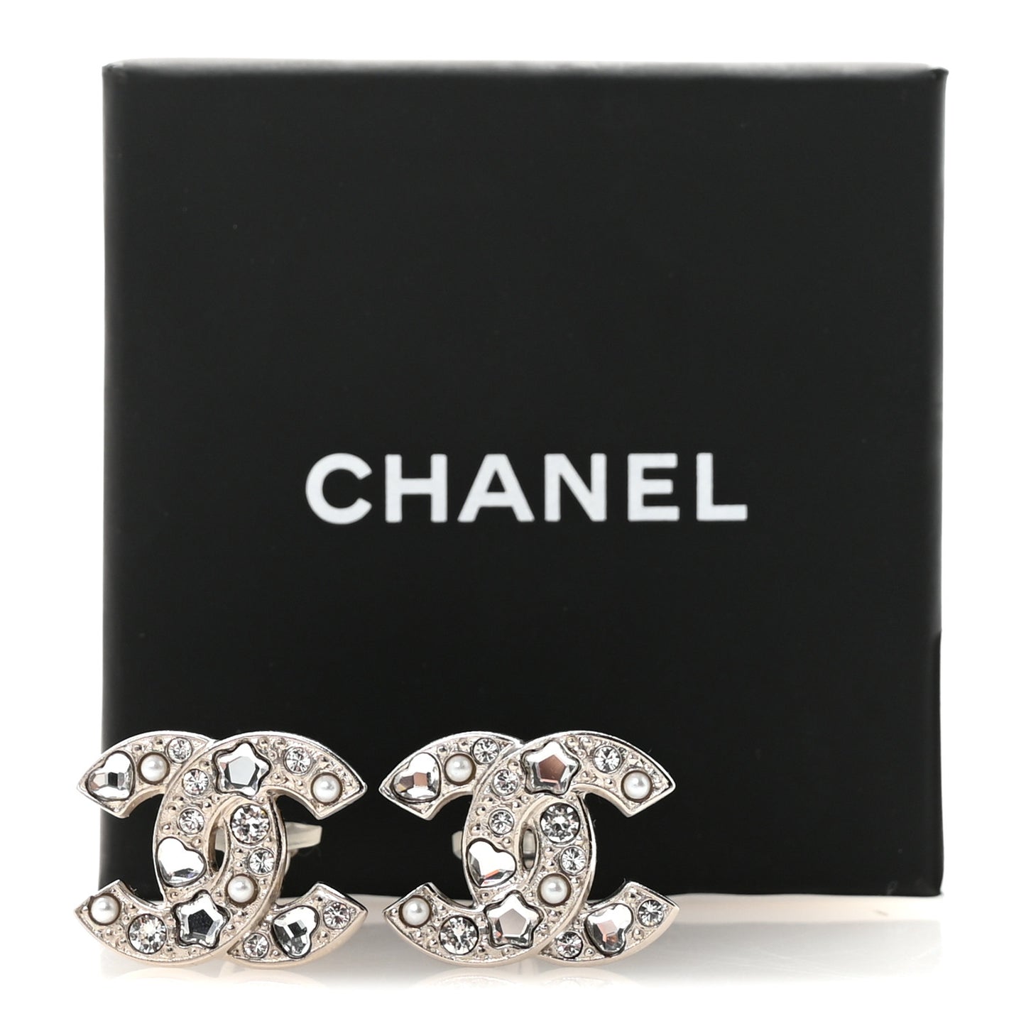Crystal Pearl Heart CC Clip On Earrings Silver