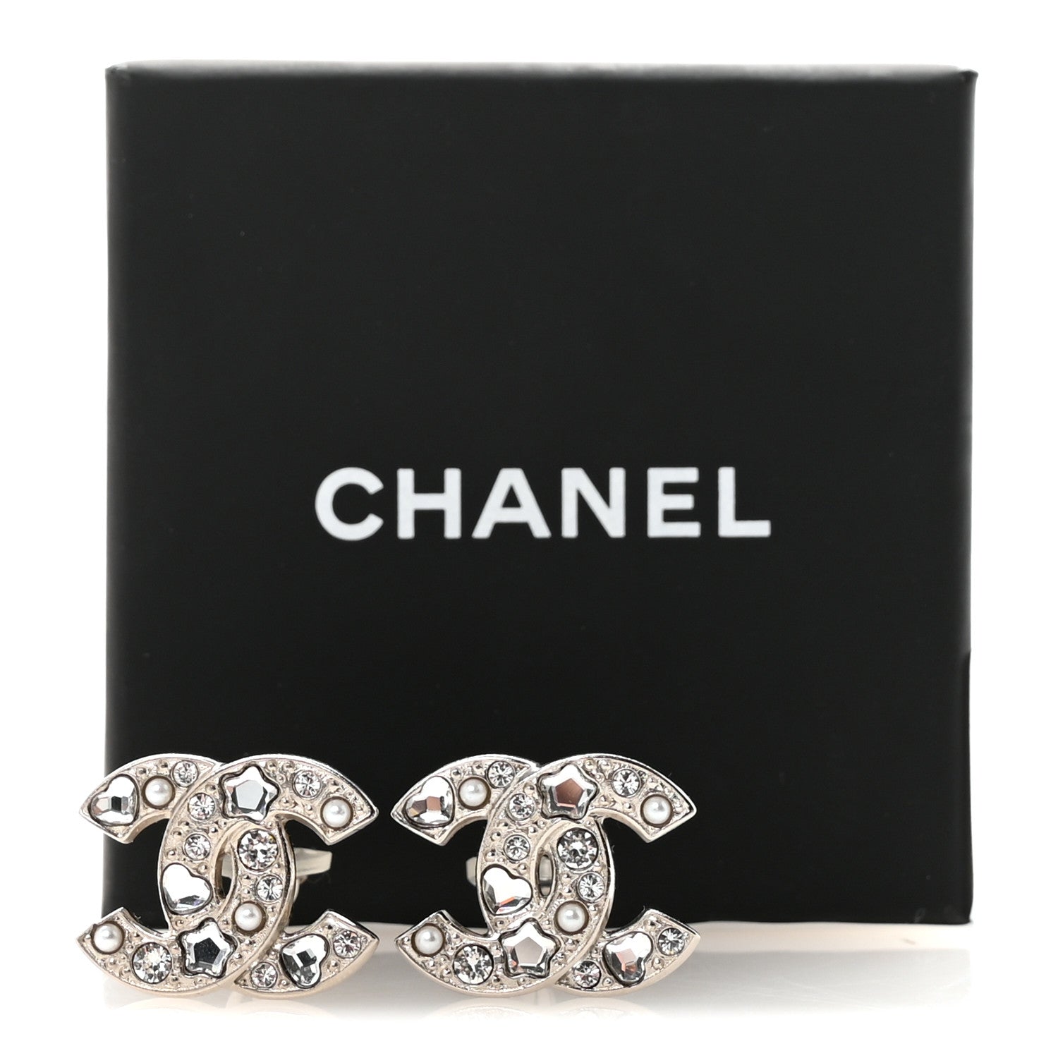 Chanel Crystal Pearl Heart CC Clip On Earrings Silver 5 of 5
