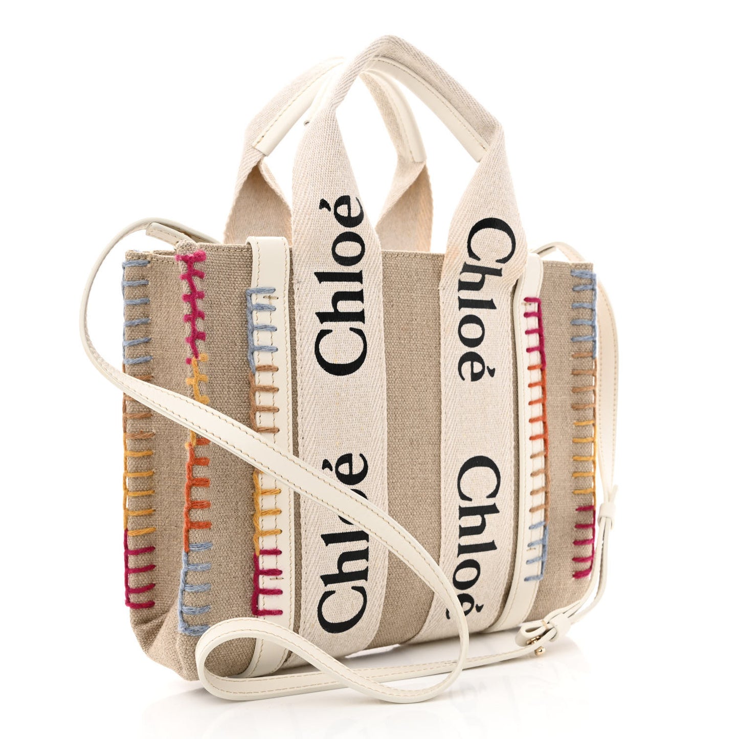 Linen Canvas Calfskin Blanket Stitched Small Woody Ribbon Tote White Multicolor