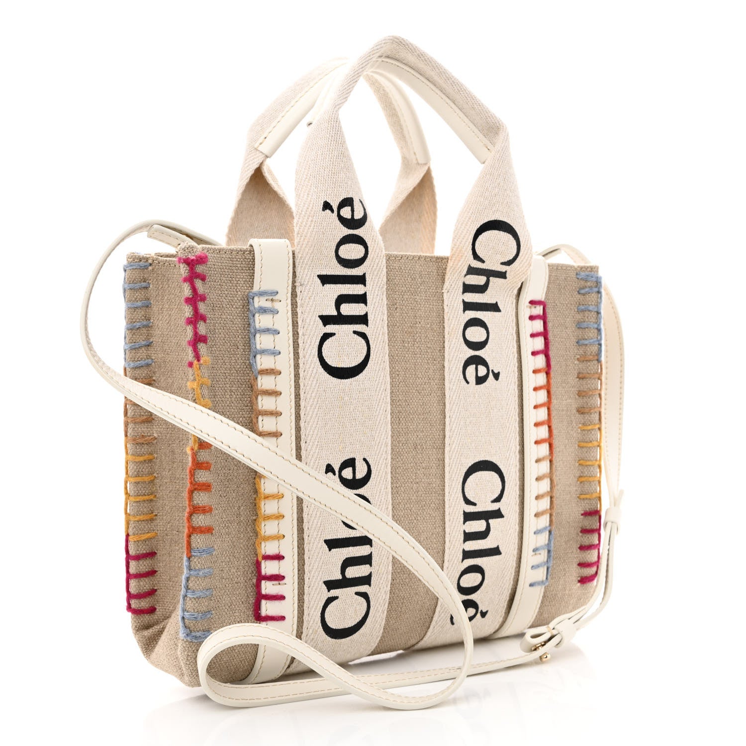 Chloe Linen Canvas Calfskin Blanket Stitched Small Woody Ribbon Tote White Multicolor 3 of 10
