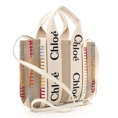 Chloe Linen Canvas Calfskin Blanket Stitched Small Woody Ribbon Tote White Multicolor 3 of 10