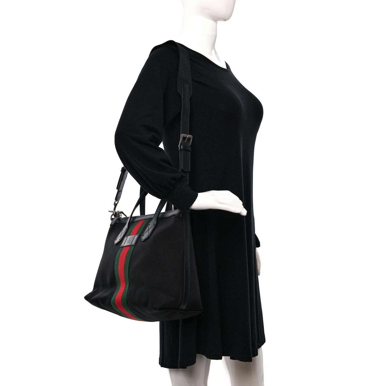 Gucci Nylon Web Top Handle Shoulder Bag Black 2 of 9