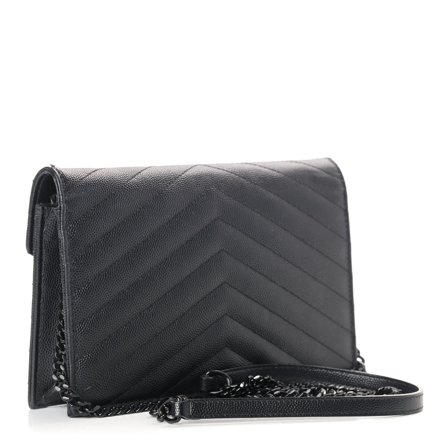Saint Laurent Grain De Poudre Matelasse Chevron Monogram Envelope Chain Wallet Black 3 of 11