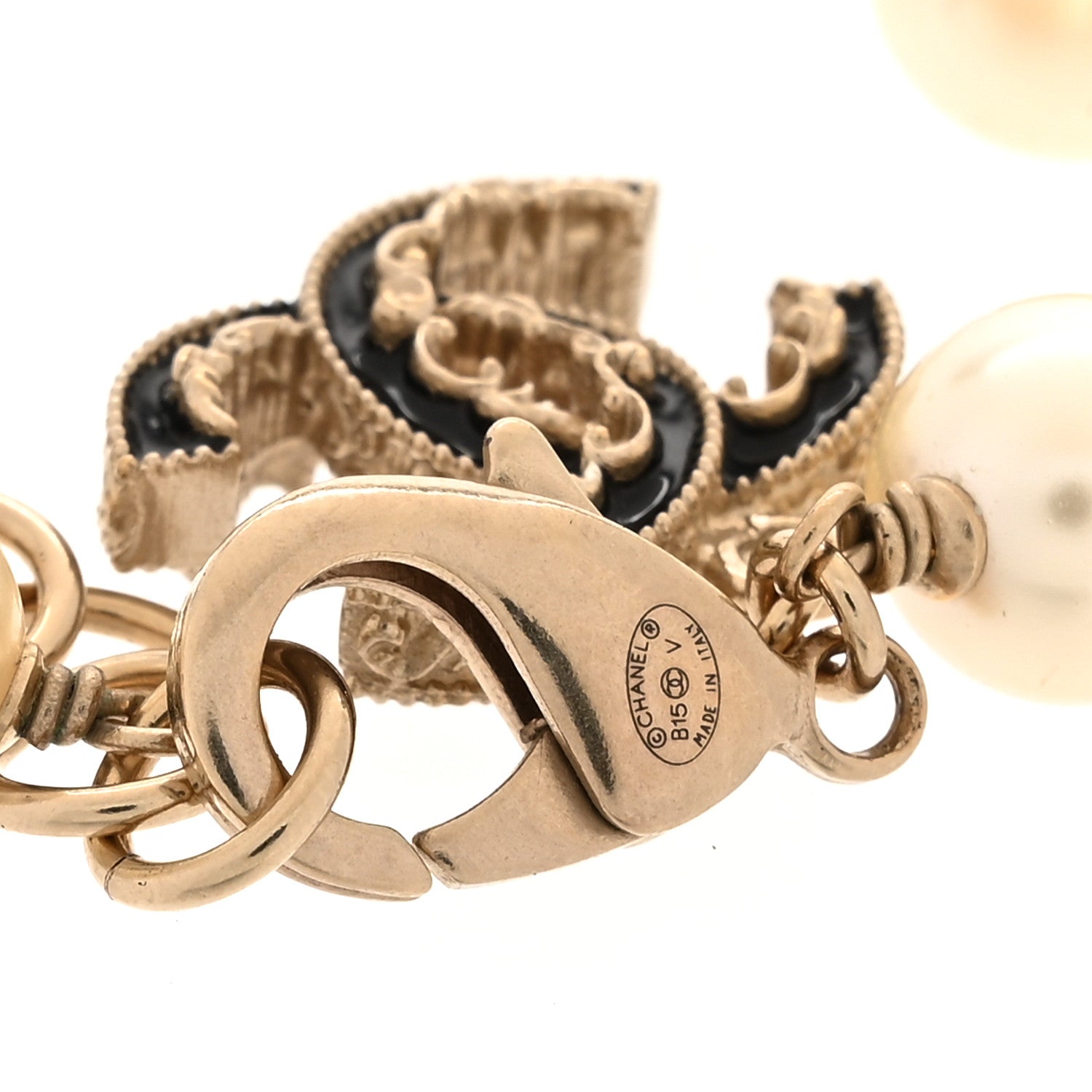 Chanel Pearl Bead Enamel CC Baroque Bracelet White Black Gold 4 of 6