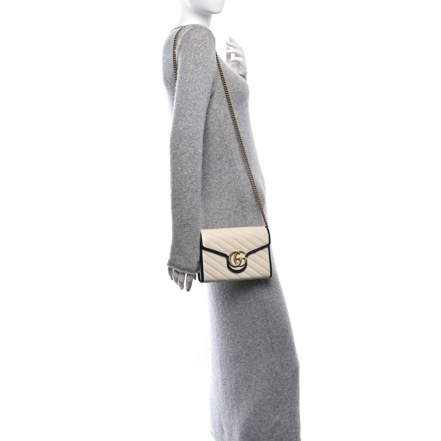 Vintage Effect Calfskin Matelasse Diagonal Torchon GG Marmont Chain Wallet Mystic White Blue Agata