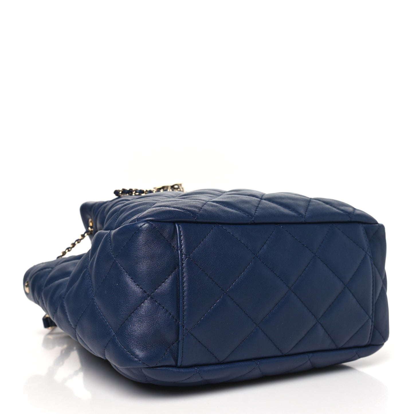 Lambskin Quilted Chain Drawstring Bag Navy Blue