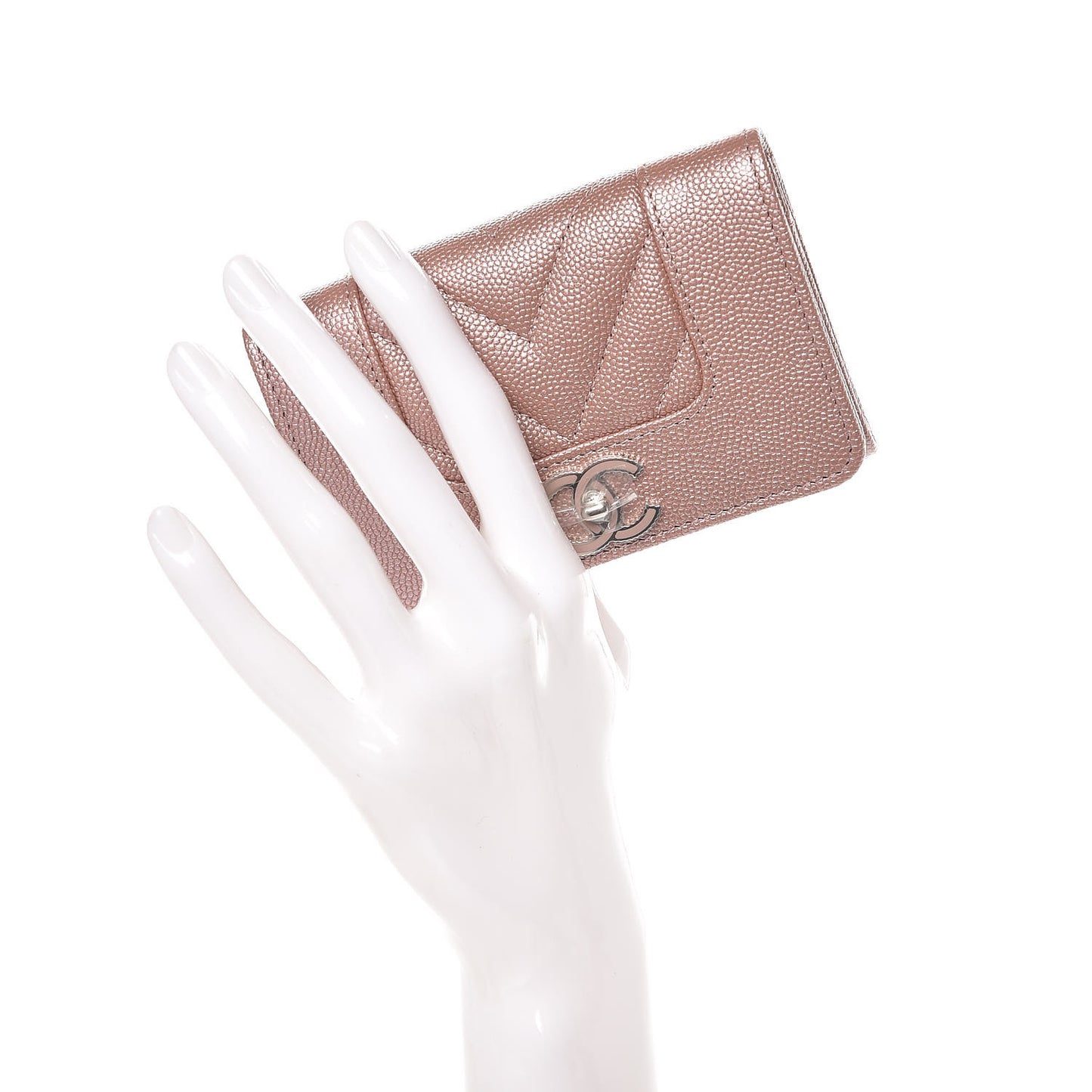 Metallic Caviar Chevron Quilted Vintage Mademoiselle Card Holder Pink