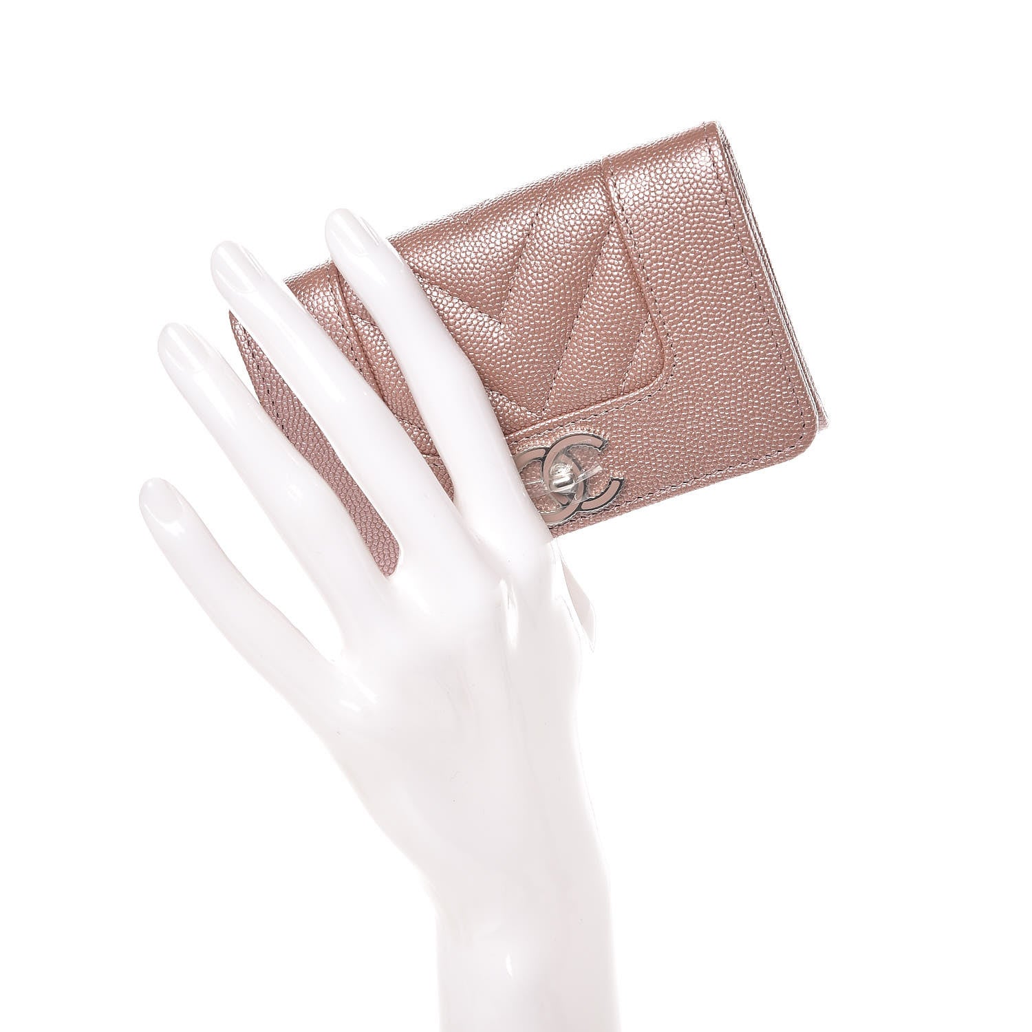 Chanel Metallic Caviar Chevron Quilted Vintage Mademoiselle Card Holder Pink 2 of 9