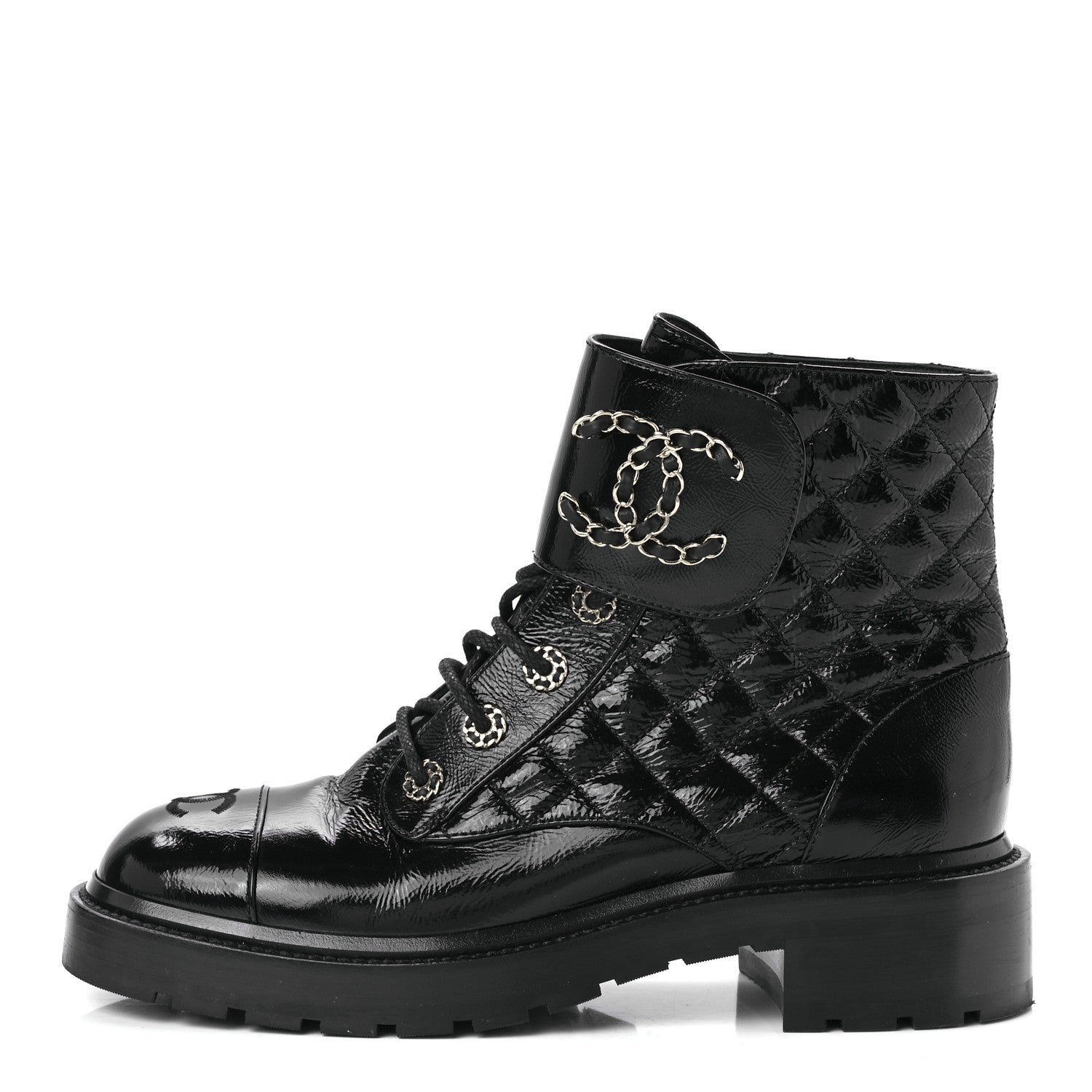 Chanel Shiny Lambskin Quilted Lace Up Combat Boots 40 Black 1 of 11